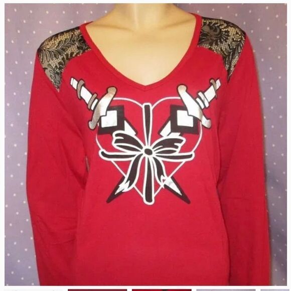 Torrid plus size 2 heart dagger tattoo long sleeve v neck shirt top - Picture 3 of 4